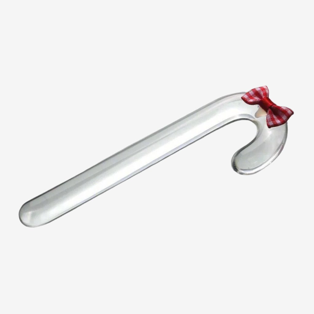 16 cm / 6.3 inches Long Holiday Bow Tie Glass Dildo: Candy Cane Shaped Sweet Fantasy Sex Toy - LEMONLY