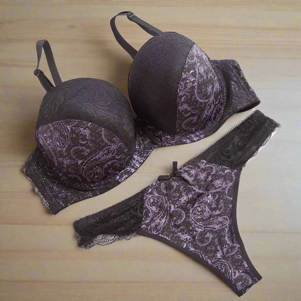 Black Sexy Floral Pattern Lace Padded Bra + Seamless Pantie Set: Comfortable & Plus Size Women's Lingerie