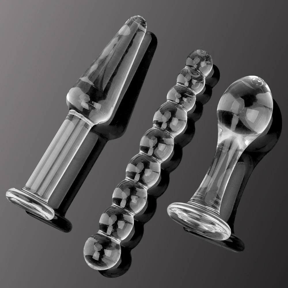 3 Pieces Glass Butt Plugs Set: Beaded, Round and Arrow Anal Plugs & Dildos