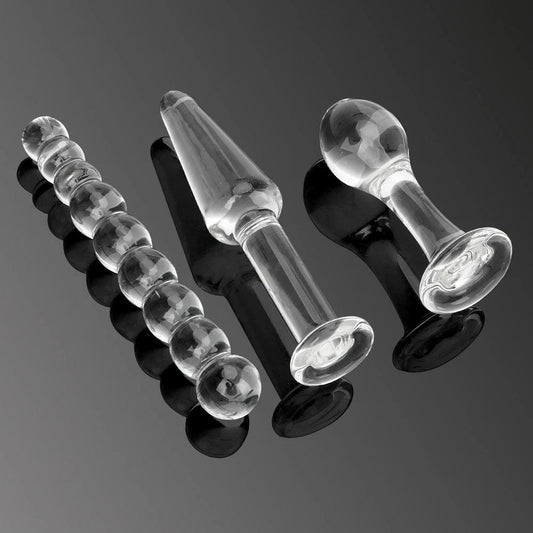 3 Pieces Glass Butt Plugs Set: Beaded, Round and Arrow Anal Plugs & Dildos