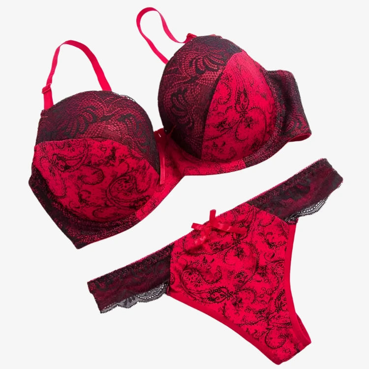 Red Sexy Floral Pattern Lace Padded Bra + Seamless Pantie Set: Comfortable & Plus Size Women's Lingerie