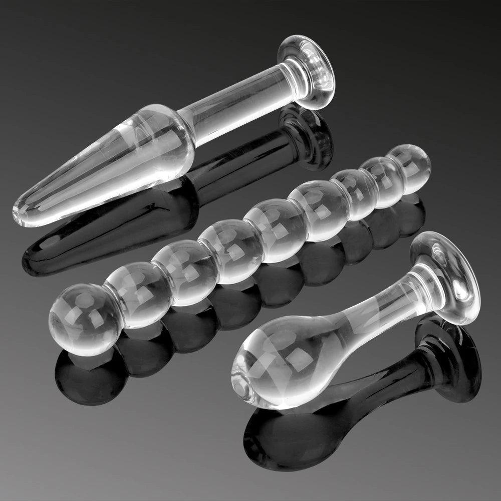 3 Pieces Glass Butt Plugs Set: Beaded, Round and Arrow Anal Plugs & Dildos