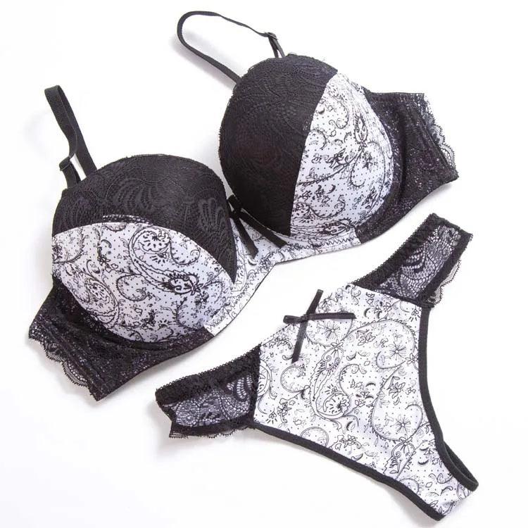 White Sexy Floral Pattern Lace Padded Bra + Seamless Pantie Set: Comfortable & Plus Size Women's Lingerie