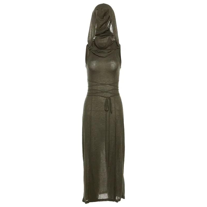 Olive Green Hooded Loose Hem Slit Sexy Party Dress For Women