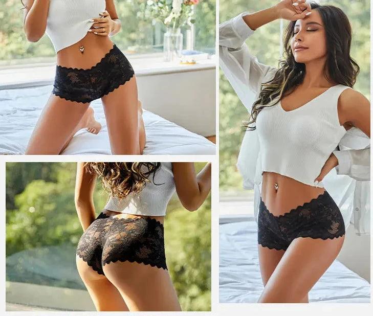 Black Sexy Low Rise Lace Sheer Panties: Women's Floral Pattern Underwear