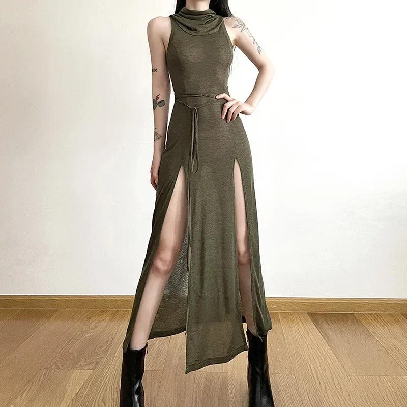 Olive Green Hooded Loose Hem Slit Sexy Party Dress For Women