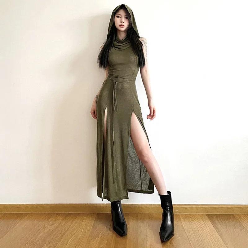 Olive Green Hooded Loose Hem Slit Sexy Party Dress For Women