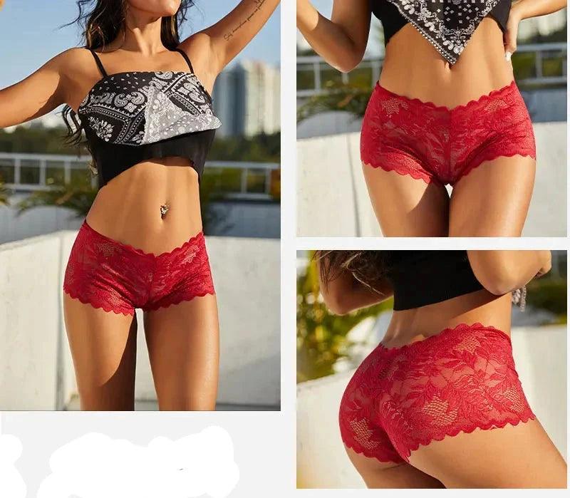 Red Sexy Low Rise Lace Sheer Panties: Women's Floral Pattern Underwear