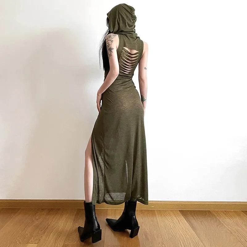 Olive Green Hooded Loose Hem Slit Sexy Party Dress For Women