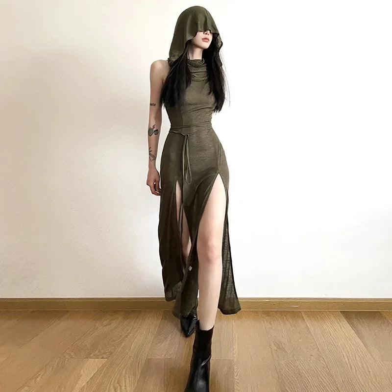 Olive Green Hooded Loose Hem Slit Sexy Party Dress For Women