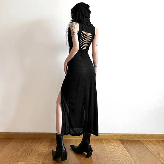 Dark Black Hooded Loose Hem Slit Sexy Party Dress For Women