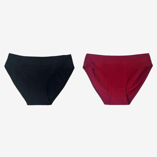 Black & Red 2 Pieces Mid-Rise Seamless Cotton Panties Set