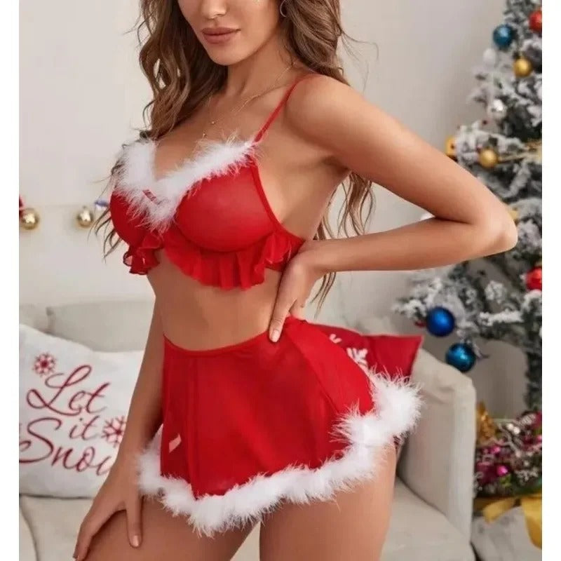 Sultry Christmas Lingerie Skirt + Bra Set: Red Santa Sleepwear for Women