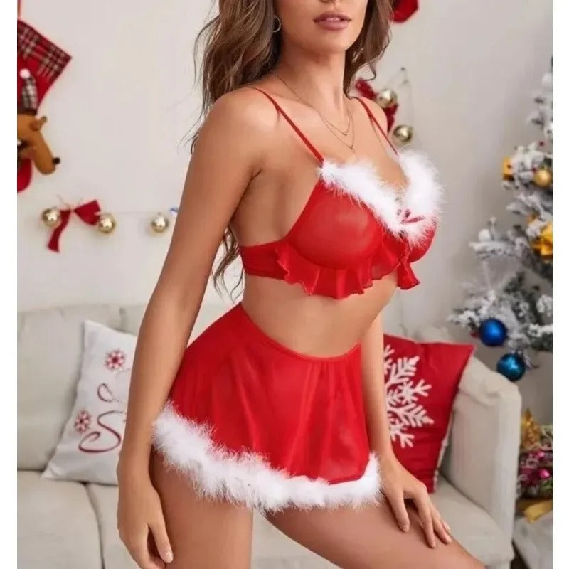 Sultry Christmas Lingerie Skirt + Bra Set: Red Santa Sleepwear for Women