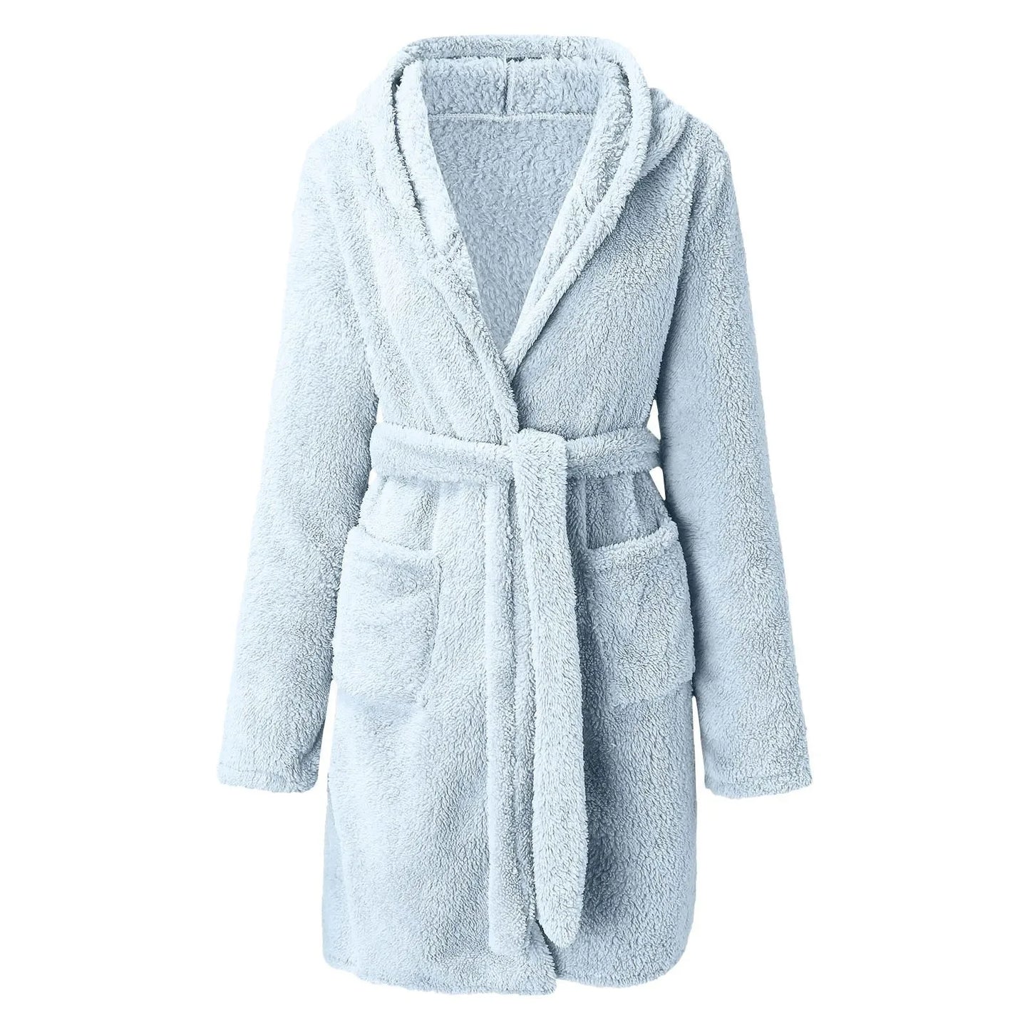 Velvet Skyblue Solid Hooded Bath Robe